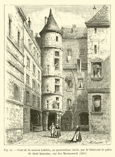 Patio de la casa habitada, en el siglo XIV, por el fabricante de pastas de carne humana, rue des Marmousets, 1850 de French School