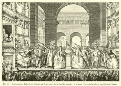 Coronación del busto de Voltaire, por el personal de la Comédie Française, el 30 de marzo de 1778, en la sala de espectáculos de las Tullerías de French School