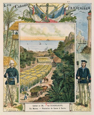 Portada de un cuaderno escolar que representa una plantación de caña de azúcar en Guadalupe, 1892 de French School