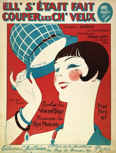 Portada de la partitura musical, Ella se cortó el cabello, 1924 de French School