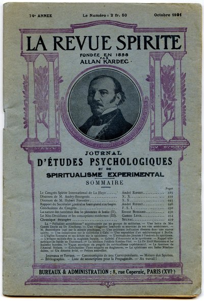Portada de un número de "La revue spirite", retrato del fundador Allan Kardec, revista de octubre de 1931 de French School