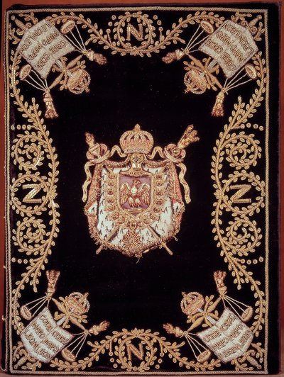 Portada de una de las doce ediciones originales del “Código civil de los franceses” promulgado por Napoleón Bonaparte el 21/03/1804. Está encuadernado en terciopelo bordado de oro y plata con emblema de justicia y armas del emperador. Ley de Derechos Civil de French School