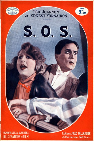 Portada del libro S.O.S. con una imagen de la película homónima de Carmine Gallone. Ilustración del acrónimo de llamada de auxilio, señal de socorro del alfabeto Morse que entró en vigor en 1908. Edición Jules Tallandier. de French School