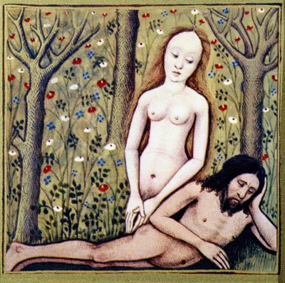 Creación del muslo de Adán Eva - según "Des dames de renom" de Boccace, cromo. de French School