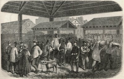 Mercado de carne en la rue des Prouvaires en el I distrito de París - Grabado en “Tableau-de-Paris” de Edmond Texier 1852 de French School