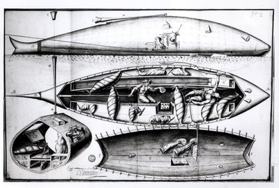 Sección transversal de un submarino, de un manuscrito, marzo 1689 de French School