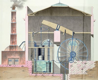 Sección transversal del motor de vapor de Watt de French School
