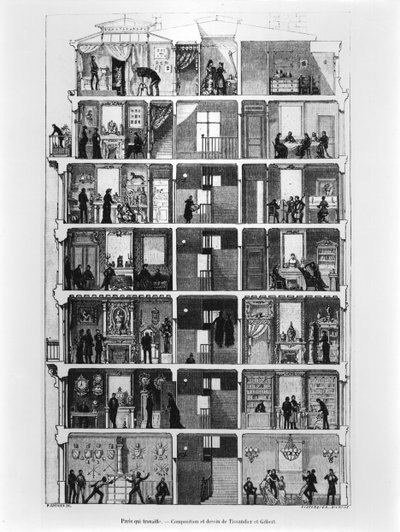 Sección transversal de un edificio parisino, ilustración de Le Magasin Pittoresque, 1883 de French School