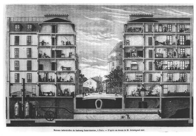 Sección transversal de casas industriales en Faubourg Saint-Antoine en París, ilustración de Le Magasin Pittoresque, 1885 de French School