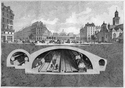 Sección transversal que representa el proyecto de ferrocarril subterráneo en París, desde la Vilette hasta los mercados centrales, en 1861. Grabado en “Le Monde Illustré” n°213 del 11 de mayo de 1861. de French School