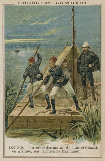 Cruzando los pantanos de Bahr-el-Ghazal en África de French School