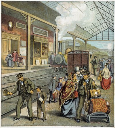 Multitud en el muelle de una estación de tren en Inglaterra de French School