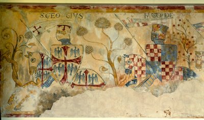 Cruzada: partida de los Caballeros para la Cruzada: representación de San Jorge y Hugo I de Vermandois o Hugo XII de Lusignan (detalle) de French School
