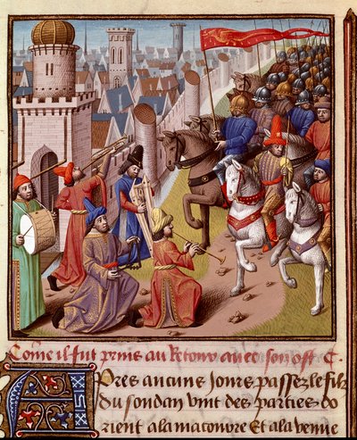 Cruzada: regreso del ejército francés de Tierra Santa. Miniatura en "Le miroir historial" (Speculum Historiale) (ms. 1196, fol. 372) de Vincent de Beauvais (1190-1264) traducido al francés por Jean de Vignay de French School