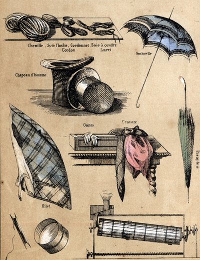 Descripción de la cultura y productos de seda: accesorios y objetos (guantes, sombreros, paraguas, chaleco, tamiz, líneas de pesca, hilo de coser, cuerda). Placa 