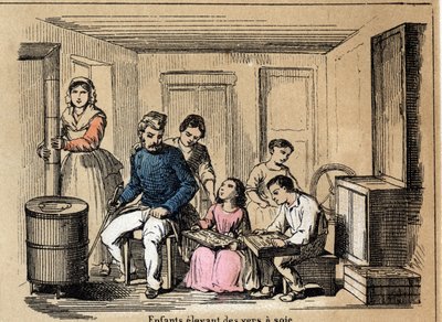 Descripción de la cultura y productos de la seda: niños criando gusanos de seda. Placa “la soie” en “les Recreations instructives” Pintura sinóptica de Jules Delbruck, grabado de 1860. de French School