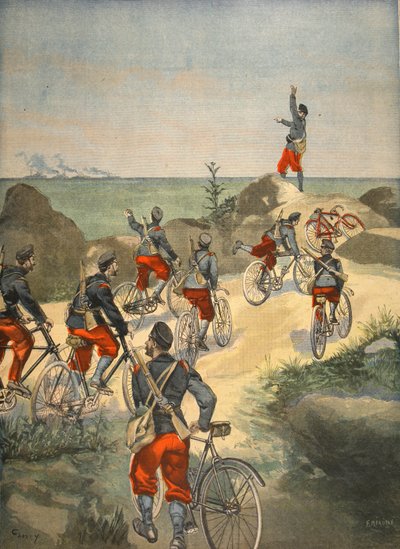 Servicio de ciclismo a lo largo de la costa de Cuba, ilustración de Le Petit Journal: Suplemento ilustrado, 1898 de French School