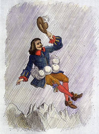 Cyrano de Bergerac elevado por sus frascos, ilustración de la novela de Cyrano de Bergerac: “L