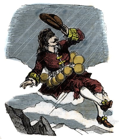 Cyrano de Bergerac se eleva en el cielo gracias a frascos de rocío y viaja a la luna, ilustración de la novela de Hércules Savinien Cyrano de Bergerac (1619-1655): "El otro mundo" de French School