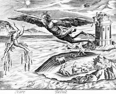 Dédalo escapando de Creta con su hijo Ícaro, lo ve caer hacia su muerte, 1619 de French School