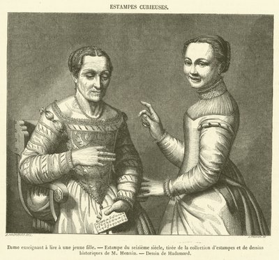 Dama enseñando a leer a una joven, Estampa del siglo XVI de French School