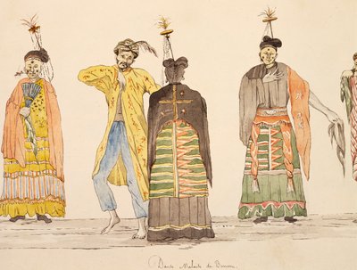 Danza indígena de Buru, Molucas, acuarela de Jules-Louis Lejeune, basada en Viaje alrededor del mundo de French School