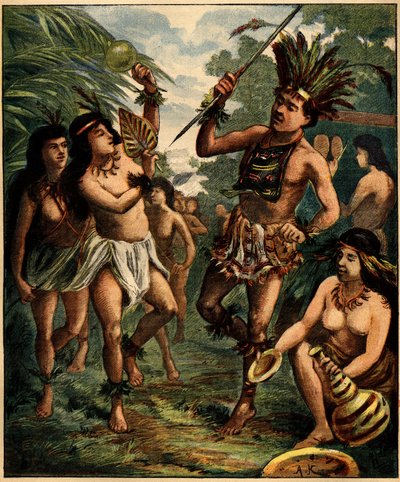 Danza de los indios Roucouyan en el Caribe. Grabado en "La Terre Illustree" n°77 del 21 de abril de 1892 de French School