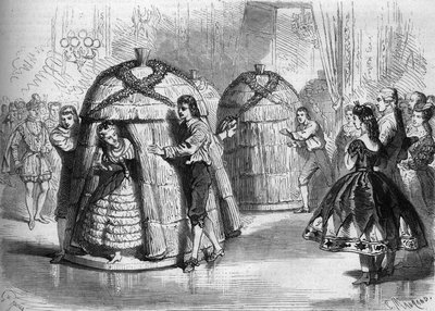 Espectáculo de danza en el baile de disfraces dado por la Emperatriz Eugenia de Montijo: “La llegada de las colmenas”. Cuatro bailarinas abeja salen de las colmenas. Grabado en “Le Monde Illustré” n°305 del 14 de febrero de 1863. de French School