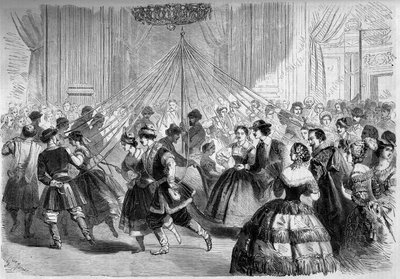 Danza: la cuadrícula del patinador. Los bailarines sostienen una cinta cuyo extremo está atado a una planta de mayo en el medio de un círculo. Escena en el baile dado por el Conde Walewski en 1861. Grabado en “Le Monde Illustré” n°202 del 23 de febrero de  de French School