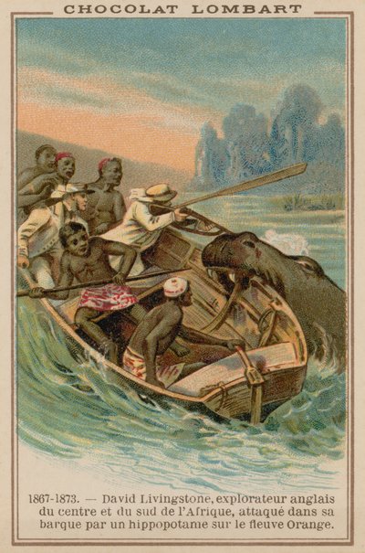 El barco de David Livingstone siendo atacado por un hipopótamo en el río Orange, África, 1867-1873 de French School