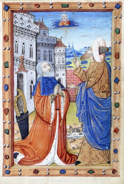David en oración, con el profeta Natán, siglo XV de French School