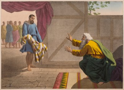 David mostrando a Saúl un trozo de su ropa, ilustración de un catecismo "L