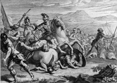 Muerte de Alarico II, 507: Clodoveo I (465-511), rey de los francos, matando a Alarico II (484-507), rey de los visigodos, en la Batalla de Vouillé en 507. Grabado del siglo XVIII. de French School