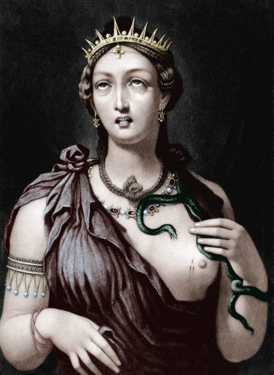 Muerte de Cleopatra VII, reina macedonia de Egipto (grabado en color) de French School