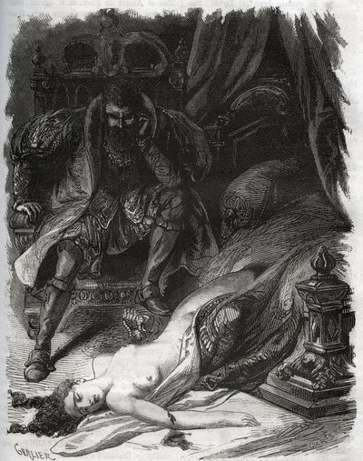 Muerte de Francoise de Foix, Condesa de Chateaubriant (ca. 1495-1537), asesinada por su esposo Jean de Laval Conde de Chateaubriant (Laval-Chateaubriant) (1486-1543), quien así se vengó de las infidelidades de su esposa. Grabado de 1871 en "Histoire Des de French School