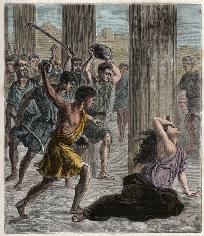 Muerte de Hipatia - Hipatia (c370-415) matemática y filósofa (neoplatonista) asesinada por seguidores de Cirilo, Patriarca de Alejandría - Muerte de Hipatia - Grabado en “Ciencias al alcance de todos - física y química” por Alexis Clerc - Finales del siglo de French School
