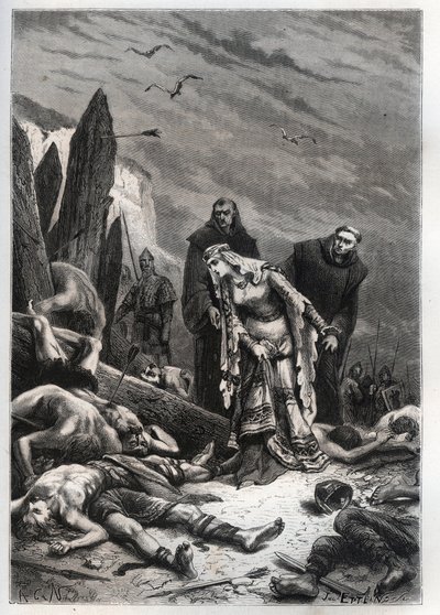 Muerte del Rey Harold II (1022-1066) en la Batalla de Hastings en 1066 - Edith Swannesha (Swanneck), conocida como Edith la Justa (1025-1086) descubre el cuerpo de su esposo - Ealdgyth (Edith la Justa o Edith Swanneschal), descubriendo el cuerpo de Harold  de French School