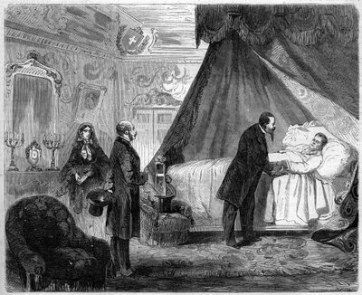 Muerte del Conde de Cavour, 6 de junio de 1861: el Rey de Italia Víctor Manuel II (Vittorio Emanuele) (1820-1878) visitando a Camillo Benso, Conde de Cavour (1810-1861), el día antes de su muerte. Grabado en “Le Monde Illustré” n°218 del 15 de junio de French School