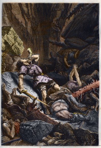 Muerte del caballero Roldán, sobrino de Carlomagno, en la Batalla de Roncesvalles (778) que enfrentó al ejército de Carlomagno y los sarracenos - Muerte de Roldán en la batalla del Paso de Roncesvalles, 778 - grabado de “L