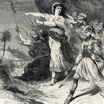 Débora conduce a la lucha al pueblo de Israel oprimido por Jabín, rey de Canaán. Grabado de la "Historia Sagrada" de Lahure, siglo XIX Colección privada de French School