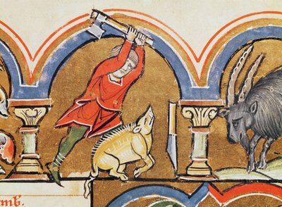Diciembre, Sacrificio de un Cerdo, del Salterio de Santa Isabel de French School