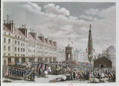 Declaración de la Constitución, Plaza de los Inocentes, París, septiembre de 1791, 1791 (grabado en color) de French School