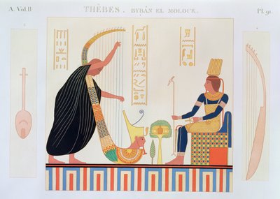 Decoración de la Sala de las Arpas, Tumba Este, Byban el Molouk, Tebas, Volumen II, lámina 91 de Descripciones de Egipto por Edmonde Francois Jomard, publicado entre 1809-22 de French School