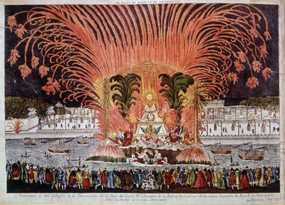 Decoración de fuegos artificiales e iluminación de la Plaza de Luis XV con motivo de la Paz y la dedicación de la estatua ecuestre del rey el 22 de junio de 1763 de French School