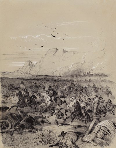 Derrota de los invasores cimbrios por el general romano Gayo Mario en la Batalla de Vercellae, Italia de French School