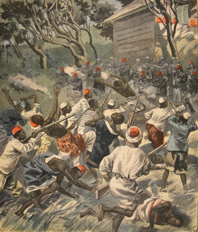 Derrotando al pueblo Sakalava, Madagascar, ilustración de Le Petit Journal: Suplemento ilustrado, 3 de abril de 1898 de French School