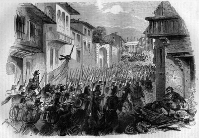 Defensa de Roma contra el ejército francés. El General Oudinot tomó Roma en la Batalla del Janículo el 30 de junio de 1849 y persiguió a los revolucionarios en julio para responder al Papa Pío IX. Grabado en “Histoire des Papes-Rois-Reinas y Emperadores a  de French School