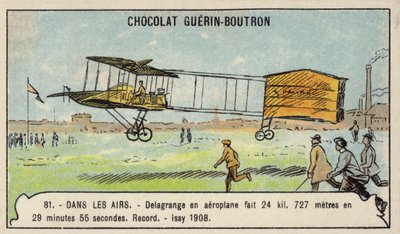 Delagrange realizando un vuelo récord en avión de más de 24 kilómetros en 29 minutos y 55 segundos, Issy, Francia de French School