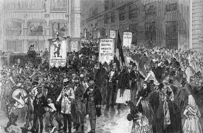 Manifestación en Madrid en 1873 por la abolición de la esclavitud en las colonias españolas. de French School