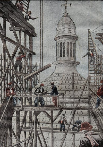 Demostración del andamiaje revelando el final de la construcción de la cúpula de la Basílica de Montmartre. Grabado en “Le Pelerin” 17/12/1899 de French School